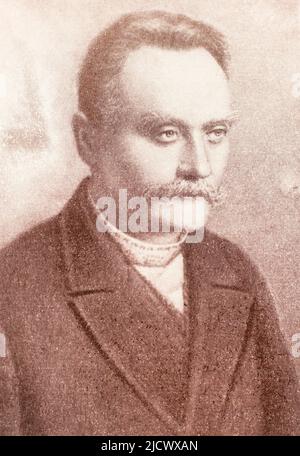 Porträt von Ivan Franko. Ivan Yakovych Franko war ein ukrainischer Dichter, Schriftsteller, Sozial- und Literaturkritiker, Journalist, Dolmetscher, Ökonom, politischer Aktivist, Doktor der Philosophie, Ethnograph und Autor der ersten Kriminalromane und der modernen Poesie in ukrainischer Sprache. Stockfoto