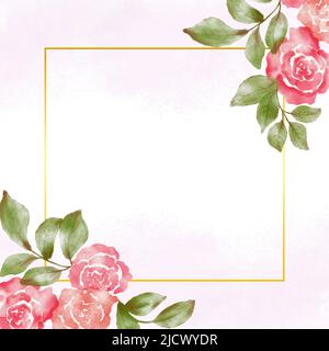Aquarell-Karte, Einladung mit Rosen- und Laubblüten. Hochzeitsschmuck Konzept. Aquarell Blume Hintergrund Rand Stockfoto