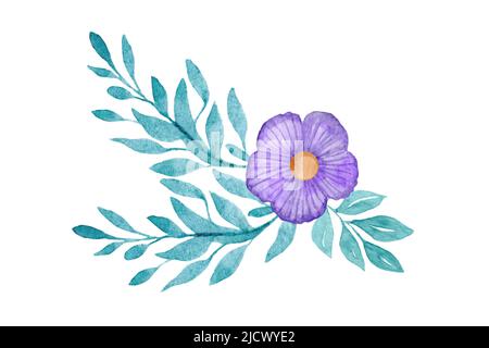 Blumenarrangement. Aquarell-Komposition mit gestrickten violetten Blüten und grünen Blättern. Isolierter Strauß auf weißem Hintergrund. Design für Postkarten, Stockfoto