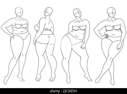 Plus Size Fashion Figure Vorlagen. Übertriebene Croquis für Modedesign und Illustration. Vektorgrafik Stock Vektor