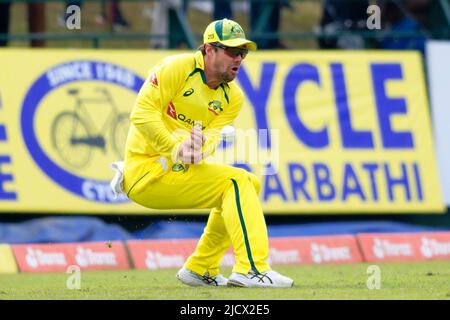 Kandy, Sri Lanka. 16.. Juni 2022. Der Australier Travis Head lässt am 16.. Juni 2022 beim ODI-Cricket-Spiel 2. zwischen Sri Lanka und Australien im Pallekele International Cricket Stadium in Kandy einen Fang fallen. Viraj Kothalwala/Alamy Live News Stockfoto