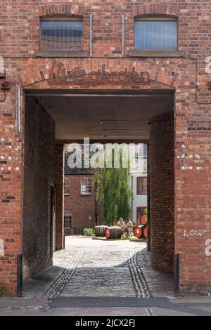 Blick durch den Eingang zu Live Garden - einem Café-Bar-Bereich im Freien im Live Theatre in Newcastle upon Tyne, Großbritannien. Stockfoto