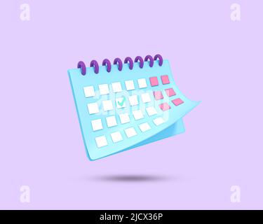 Kalender 3D-Symbol. Monatskalender und Zeitplan Plan Zelt 3D Symbol. Veranstaltungs- oder Urlaubsplanungskonzept. 3D gerenderte Abbildung. Stockfoto