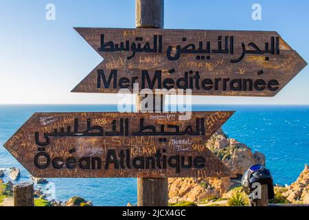 Tanger, Marokko - 21. Januar 2022 : das Zeichen von Cape Spartel in Tanger Stockfoto