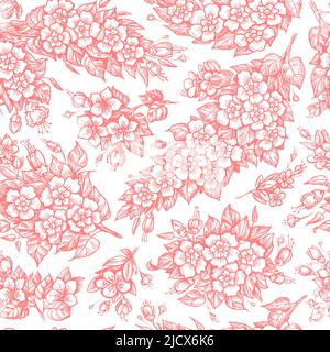 Blumenmuster im Vintage-Gravurstil gezeichnet. Zweige mit Blumen und Blättern Hintergrund. Vektorgrafik Stock Vektor