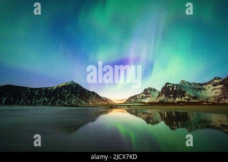 Heller Nachthimmel mit Aurora Borealis (Nordlichter) über Bergen und Skagsanden Strand, Flakstad, Lofoten Inseln, Norwegen, Skandinavien, Europa Stockfoto