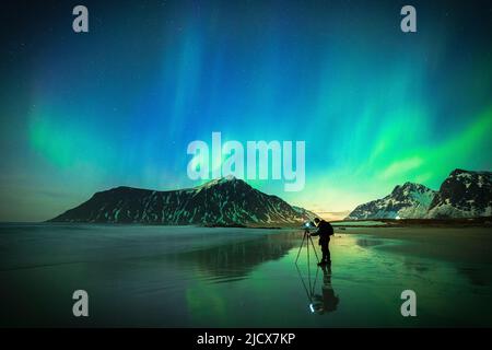 Person, die den hellen Himmel während Aurora Borealis (Nordlichter) am Skagsanden Strand, den Lofoten Inseln, Norwegen, Skandinavien fotografiert Stockfoto