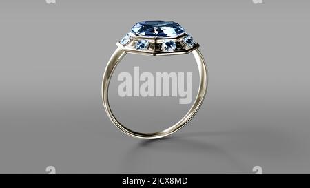 Verlobungsring aus Weißgold mit Diamant auf grauem Hintergrund, fiktiv - abstrakt 3D Rendering Stockfoto