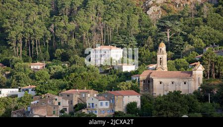 Panoramablick auf das Dorf in seiner Waldlandschaft, Abend, Feliceto, L'Ile-Rousse Balagne, Haute-Corse, Korsika, Frankreich, Mittelmeer, Europa Stockfoto