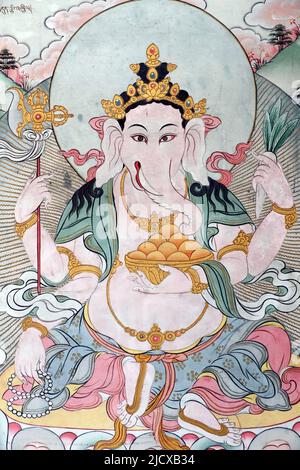 Ganesh (Ganapati), elefantenköpfiger Hindu-gott, Wandmalerei, Kloster Pema Osel Ling, Dakshinkali, Kathmandu, Nepal, Asien Stockfoto