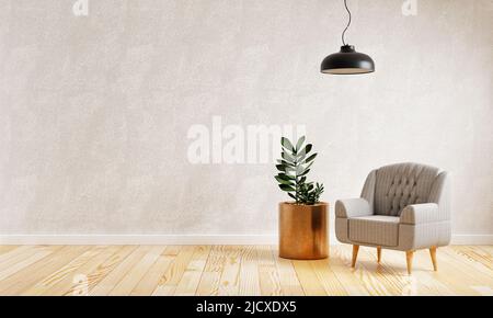 Modernes Wohnzimmer mit gemütlichem Stoffsessel zu Hause mit Copy Space Wandhintergrund. Interieur- und Architekturkonzept. 3D Darstellung von Illustrationen Stockfoto