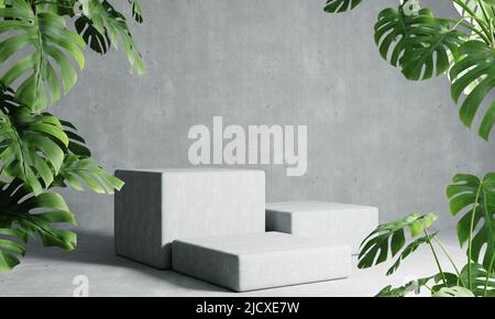 Drei rechteckige Podien in grauem Loft-Hintergrund mit Monstera-Pflanze im Vordergrund. Abstrakte Tapete Vorlage Element und Architektur Interieur ob Stockfoto