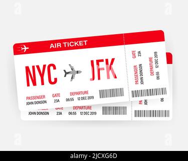 Modernes und realistisches Design von Flugtickets mit Flugzeit und Passagiernamen. Vektorgrafik. Stock Vektor