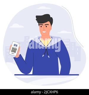 Vektor-Illustration man verwendet Handy-App, um QR-Code-Zahlung zu scannen. Elektronische Geldbörse. Barcodeleser. Bargeldlose Technologie. Digitales Geld. Covid Neu Stock Vektor