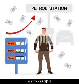 Vektorgrafik der Mensch ist aufgebracht. Steigende Benzinpreise. Der Benzinpreis wird viel zu hoch. Preisschwankungen. Lage auf dem Kraftstoffmarkt. Busin Stock Vektor