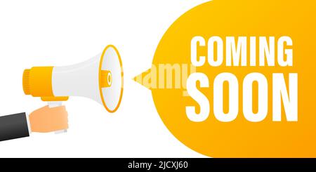 Hand hält Megaphon mit kommenden bald. Stock Vektor