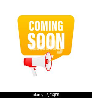 Hand hält Megaphon mit kommenden bald. Stock Vektor