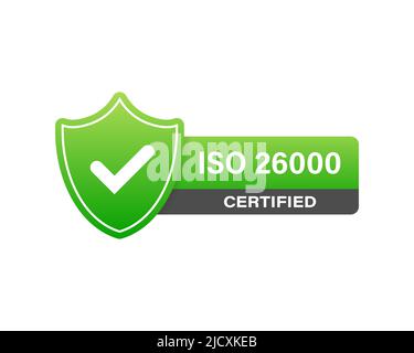 ISO 26000-zertifiziertes Abzeichen, Symbol. Zertifizierungsstempel. Vektor mit flachem Design. Vektorgrafik Stock Vektor