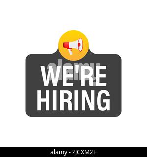 Die männliche Hand hält ein Megaphon und wir stellen eine Sprechblase ein. Lautsprecher. Banner für Unternehmen, Marketing und Werbung. Stock Vektor