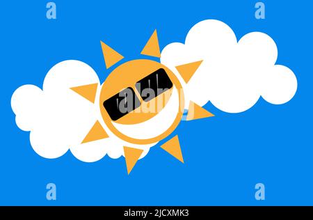 Happy Sunny Sun Smilie Gesichtsvektor-Design auf einem blauen und bewölkten Himmel. Stock Vektor