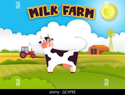 Milchfarm Vektor-Illustration in modernem Papierkunst-Stil Stock Vektor