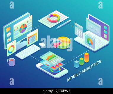 Infografik zur mobilen Webanalyse, Vektor-flache isometrische Illustration Stock Vektor