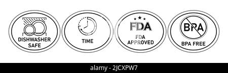 Symbole für die Kochgeschirr-Beschriftung. Spülmaschinenfest, zeitgemäß, FDA-zugelassen, BPA-frei. Um eine Oberfläche, Beschichtung, zu kennzeichnen. Vektorgrafik isoliert auf Weiß Stock Vektor