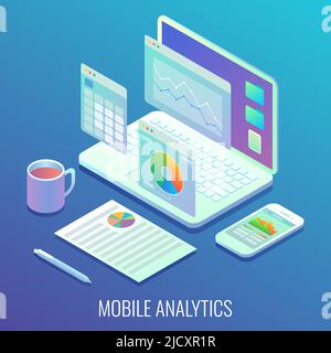 Mobile Web Analytics Concept Vektor flache isometrische Illustration Stock Vektor