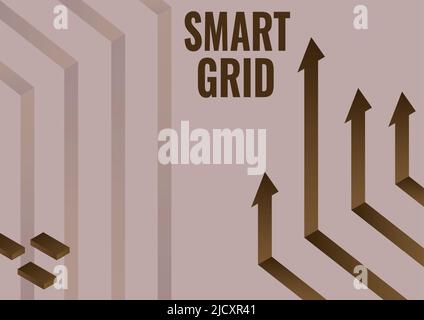 Text mit Inspiration Smart Grid. Die Geschäftsidee umfasst Betriebs- und Energiemaßnahmen, darunter das nach oben zeigende Meter-Pfeilsystem Stockfoto