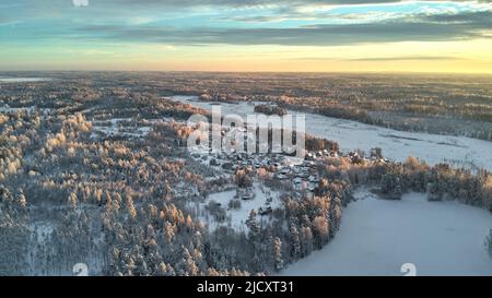 Wunderschöne Sonnenstrahlen im Winter, die die Baumkronen berühren Stockfoto