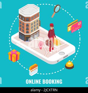 Online Hotel Buchung Konzept Vektor flache isometrische Illustration. Stock Vektor