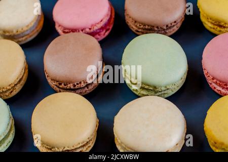 Reihe von köstlichen bunten französischen Makronen verschiedener Geschmacksrichtungen, Hintergrund, Panoramaaufnahme Stockfoto