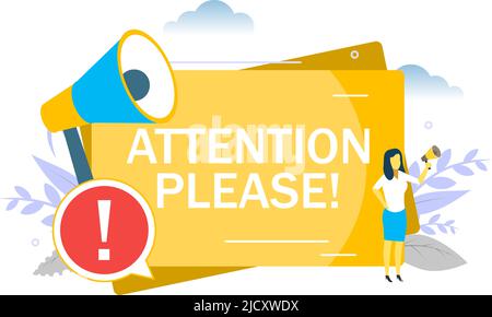 Achtung bitte wichtige Ankündigung, Vektorgrafik flach Stock Vektor