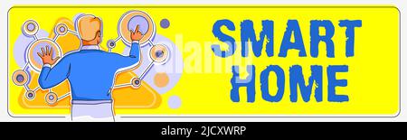 Konzeptunterschrift Smart Home. Wort für Automatisierungssystem Steuerung Beleuchtung Klima Entertainment-Systeme man manipuliert Kreisdiagramm darstellen Stockfoto