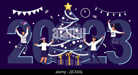 Fröhliche Menschen feiern fröhliche Weihnachten und glückliches neues Jahr tanzen auf weihnachtsfeier flache Vektor Illustration Büro Business People Team Santa hat Stock Vektor