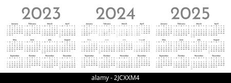 Set von Schwarz-Weiß-Monatskalendervorlagen für 2023, 2024, 2025 Jahre. Die Woche beginnt am Sonntag. Album Layout Kalender in einem minimalistischen Stil. Hori Stock Vektor