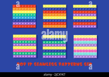 Pop it figet Spielzeug nahtlose Muster-Set. Regenbogen- und Pastellfarben. Vektorhintergrund. Farbenfrohes Sinnesspielzeug gegen Stress. Stock Vektor
