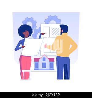 Meeting Architect – Abbildung des isolierten Konzeptes. Geschäftsleute diskutieren neue Immobilien-Projekt mit Architekten, Maklerfirma, Brainstorming mit Kunden Vektor-Konzept. Stock Vektor