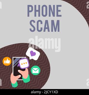 Inspiration zeigt Schild Phone Scam. Internet-Konzept immer unerwünschte Anrufe, um Produkte oder Service zu fördern Telesales Hand Holding Mobile Phone Stockfoto