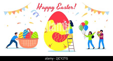 Frohe Ostern Grußkarte Vektor-Illustration von winzigen Familie Menschen malen Ei zusammen für besondere Frühlingsferien Ereignis in flachen Cartoon-Stil Stock Vektor