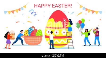 Frohe Ostern Grußkarte Vektor-Illustration von winzigen Familie Menschen malen Ei zusammen für besondere Frühlingsferien Ereignis in flachen Cartoon-Stil Stock Vektor