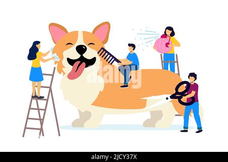 Professionelle Pflege Dienstleistungen Vektor Illustration in flachen Cartoon-Stil Pet Friseursalon Styling und Pflege Shop Pet Store für Hunde. Kleine Pistenraupen Stock Vektor