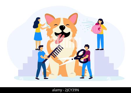 Professionelle Pflege Dienstleistungen Vektor Illustration in flacher Cartoon-Stil Pet Haar Salon Styling und Pflege Shop Pet Store für Hunde, kleine Groomers Hol Stock Vektor