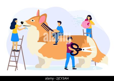 Professionelle Pflege Dienstleistungen Vektor Illustration in flachen Cartoon-Stil Pet Friseursalon Styling und Pflege Shop Pet Store für Hunde. Kleine Pistenraupen Stock Vektor