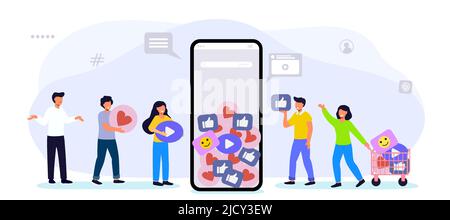 Wie Time Konzept des Empfehlungsmarketings Freunde empfehlen Treueprogramm Promotionsmethode Personen, die Social-Media-Beiträge auf einem Smartphone gefällt Influencer EA Stock Vektor