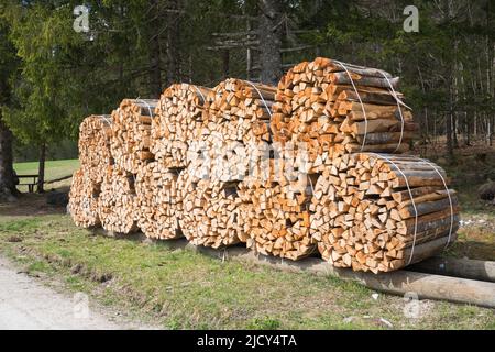 Entwaldung in der Natur. Haufen von Holzstämmen stolpert. Gesägte Bäume, Holzholzindustrie. Stockfoto