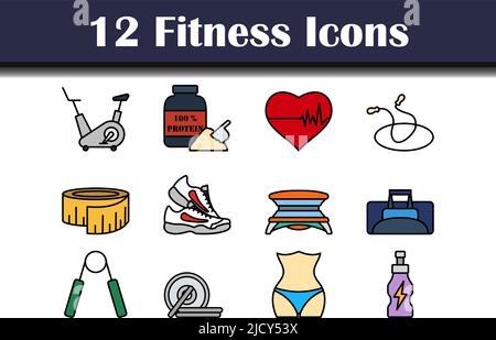 Fitness-Symbol-Set. Editierbare Fett Formatigte Kontur Mit Farbfüllungsdesign. Vektorgrafik. Stock Vektor