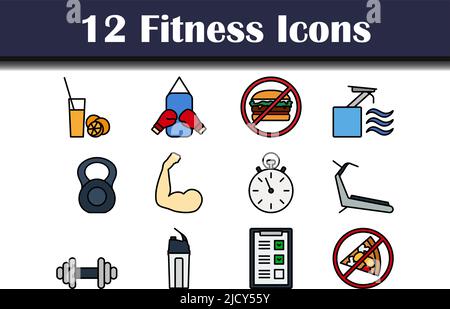 Fitness-Symbol-Set. Editierbare Fett Formatigte Kontur Mit Farbfüllungsdesign. Vektorgrafik. Stock Vektor