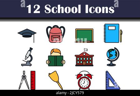 Schule Symbol Gesetzt. Editierbare Fett Formatigte Kontur Mit Farbfüllungsdesign. Vektorgrafik. Stock Vektor