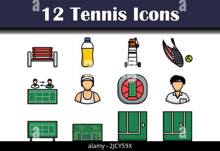 Tennis-Icon-Set. Editierbare Fett Formatigte Kontur Mit Farbfüllungsdesign. Vektorgrafik. Stock Vektor